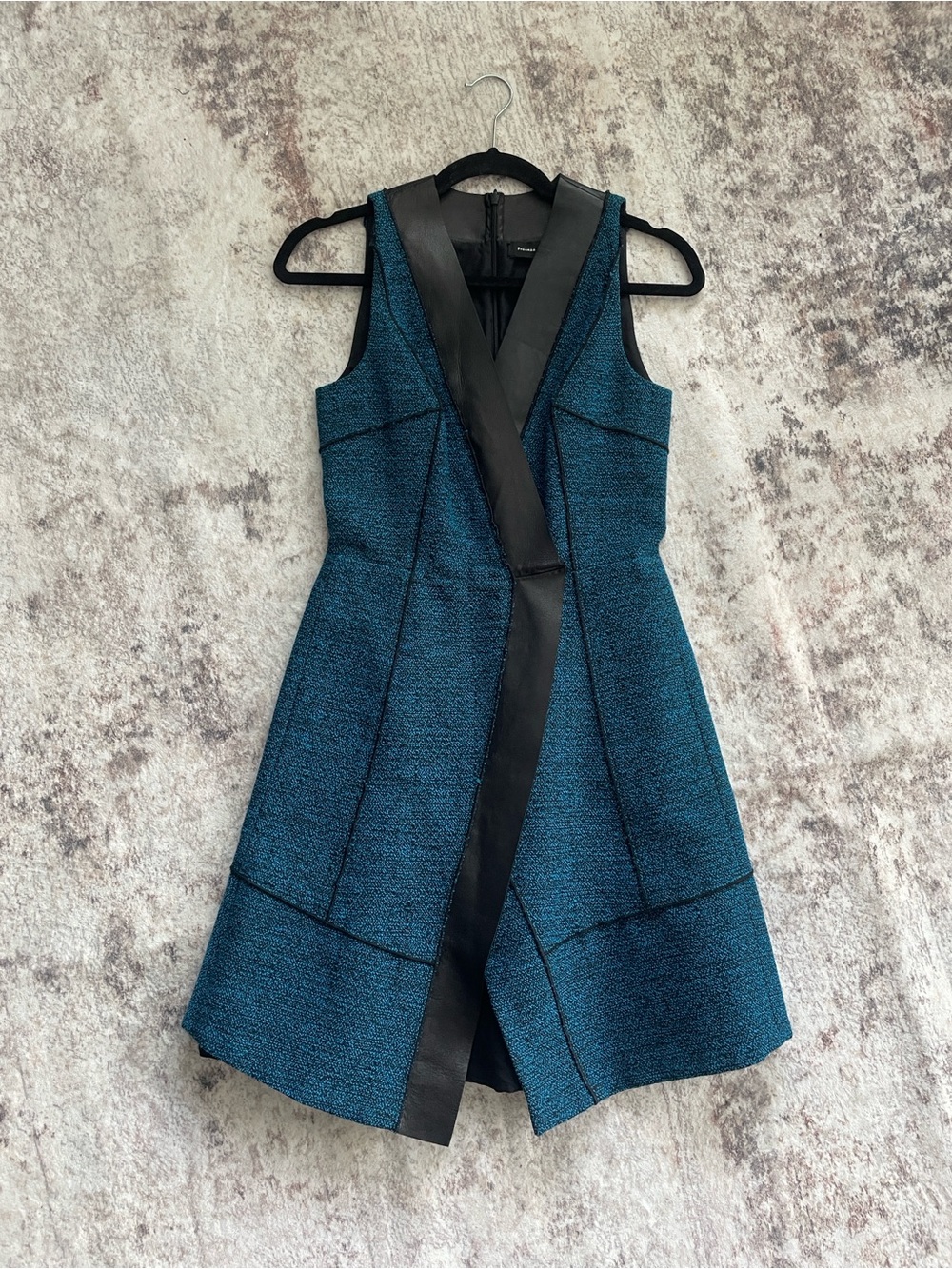 Proenza Schouler Sleeveless Teal A-Line Dress with Black Lambskin Leather Trim